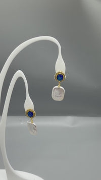 Blue Crystal Freshwater Pearl Drop Earrings, Gold Oval Statement Dangles, Elegant Jewelry Gift for Women