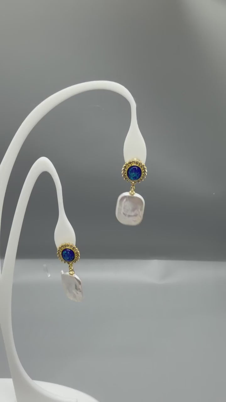 Gold Blue Crystal look Freshwater Pearl Drop Earrings Elegant Oval Statement Earrings for Women