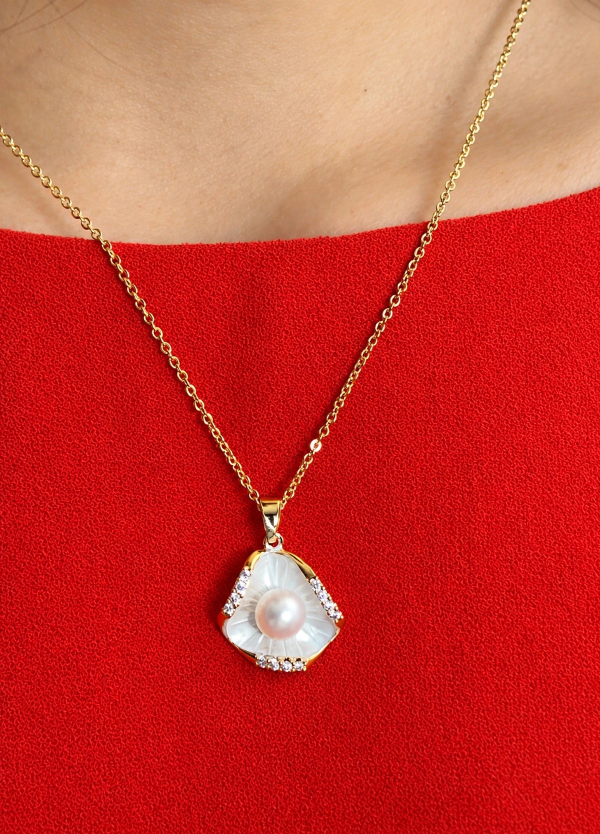 Shell Pearl Jewelry Set, Gold Plated Mother of Pearl Shell Necklace, Earrings & Ring