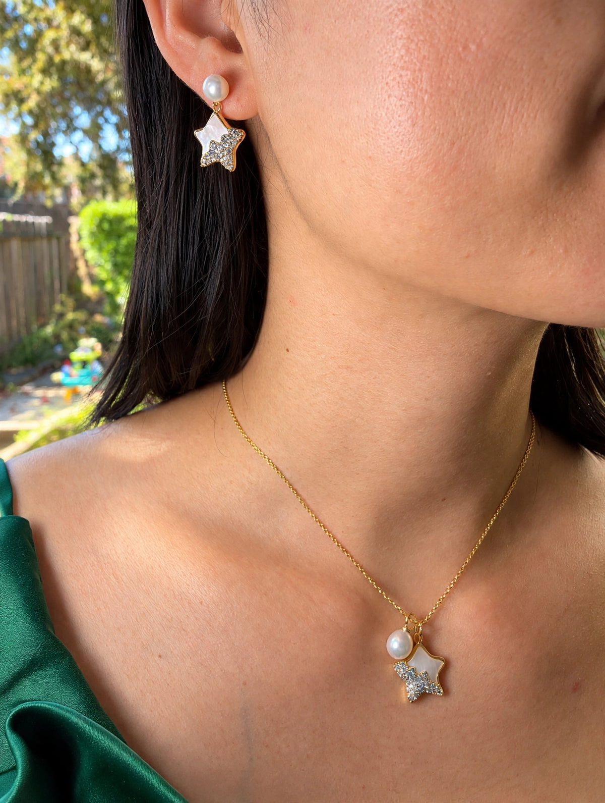 Star Pearl Jewelry Set, Gold Plated Mother of Pearl Star Necklace & Earrings